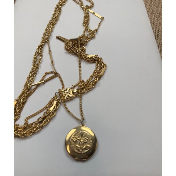 Locket pendant 4 tier necklace Gold Plated Multi-Layer Necklace With Floral Etch - Picture 3 of 10